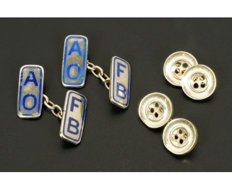 A pair of 1920s silver and enamel "Ancient Order of Froth Blowers" cufflinks, and a pair of silver button cufflinks. 