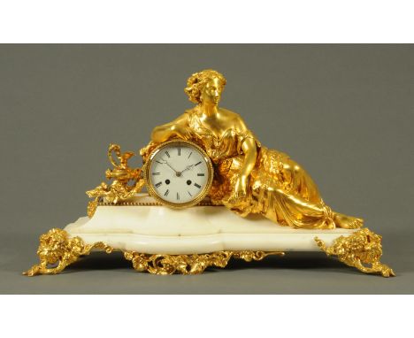 A 19th century French marble and ormolu mantle clock, with female figure to the right of the two-train striking movement and 