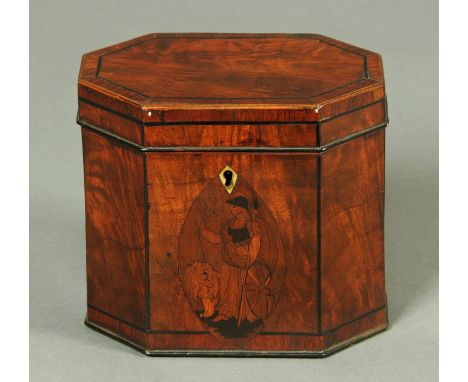 A George III mahogany tea caddy, octagonal, inlaid with Britannia.  Width 15.8 cm. 