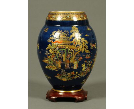 A Carltonware Bleu Royale vase, decorated with a Chinoiserie pattern, printed marks.  Height 28 cm.   CONDITION REPORT: This 