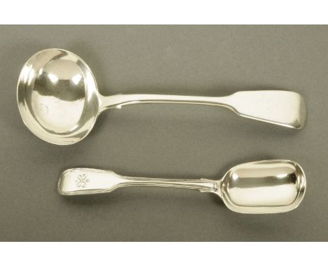 A William IV silver sauce ladle, by I.H. & C. Langlands, London 1836, and a Victorian spoon, London 1873.  Longest 17.5 cm, 9