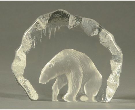 An Art Glass polar bear paperweight, Scandinavian, signed.  Width 15 cm.  CONDITION REPORT: This item is in generally good or