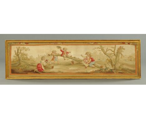 A 19th century needlework panel, children playing in woodland.  40 cm x 151 cm, in gilt frame.