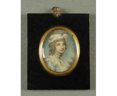 A 19th century portrait miniature, Georgian lady in white bandeau and with pearl necklace.  74 mm x 60 mm, in ebonised frame 