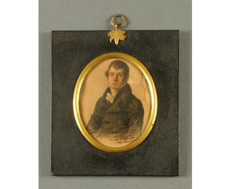 J. Wheeler, portrait miniature, gentleman with black coat, oval.  95 mm x 77 mm, in ebonised frame with acorn and oak leaf ha