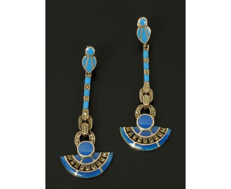 A pair of Egyptian Revival long drop earrings, in silver and turquoise enamel with cut marcasite highlight. 