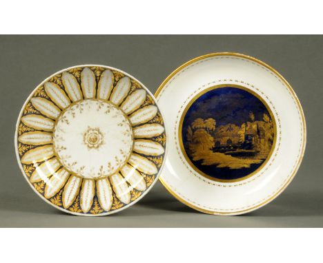 A Spode saucer dish, gilt enriched on a deep blue ground with mill and bridge scene to centre, diameter 18 cm, and a Chamberl