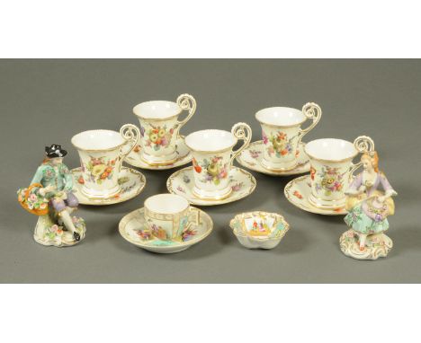 A pair of Continental porcelain figures, lady and gentleman, a Helena Wolfsohn Augustus Rex cup, saucer and small bowl and fi