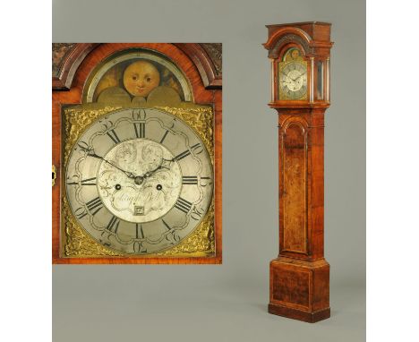 A George III longcase clock, with George I walnut case with straight caddy top above a broken arched hood with blind fretted 