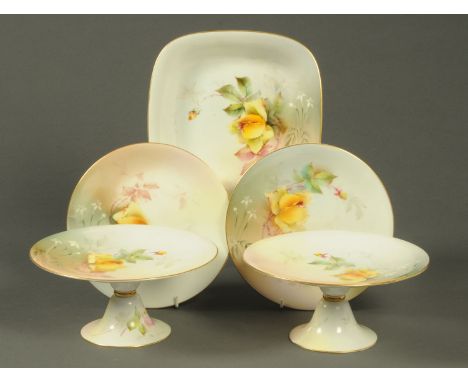 A Royal Worcester part dessert service, comprising two comports, two plates and shallow bowl.  Comport diameter 23.5 cm.  CON