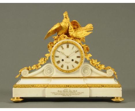 A 19th century French white marble and ormolu mounted mantle clock, with inscription dated July 1839, the face marked "R. Bry