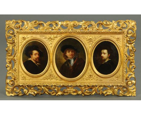 A tryptic of three portraits, each with an oval oil painting portrait after Reubens, Rembrandt and Van Dyke.  Largest 25 cm x
