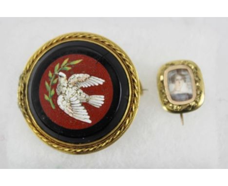 A TINY 19TH CENTURY PIN BROOCH inset with a hand painted miniature portrait of a lady, overall 1.3cm x 1.1cm, together with a