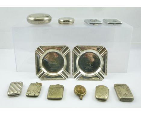 A BRASS LIGHTER scratch made, incorporating two Naval buttons, together with TWO PLATED "BRAVINGTONS" OF LONDON ASHTRAYS pres