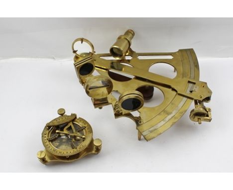 A REPRODUCTION BRASS SEXTANT, bears the name "Henry Borrow & Co", 29cm, together with a reproduction BRASS COMPASS 