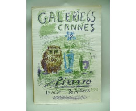 AFTER PICASSO "Galeries Cannes - 14 Aout - 30 Septembre 1956, Picasso", a colour Print Exhibition Poster, 70cm x 49cm unframe