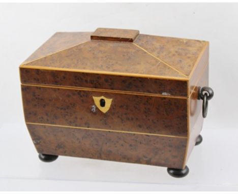 A 19TH CENTURY BURR WALNUT VENEERED TEA CADDY of sarcophagus shape with brass drop handles, raised on bun feet, 21cm wide 