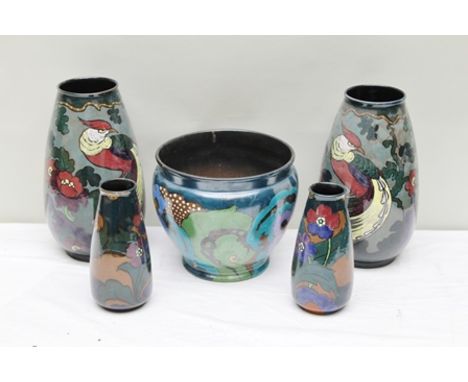 A PAIR OF EARLY 20TH CENTURY "DECORO" TERRACOTTA VASES, having hand painted floral decoration, from the Old Canning Pottery o