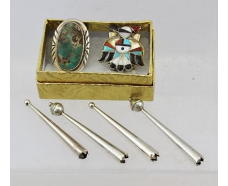 TWO AMERICAN WHITE METAL BOLO TIE MOUNTS, includes the ornamental clasps and TWO PAIRS OF AIGUILLETTES 