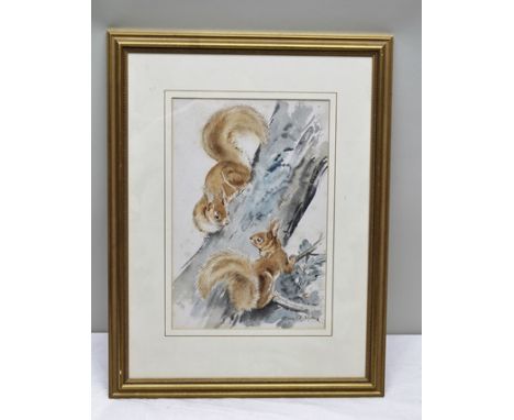 EILEEN A. SOPER Red Squirrels on a Tree Trunk, Watercolour, signed, 37cm x 24.5cm, mounted in a bead decorated gilt glazed fr