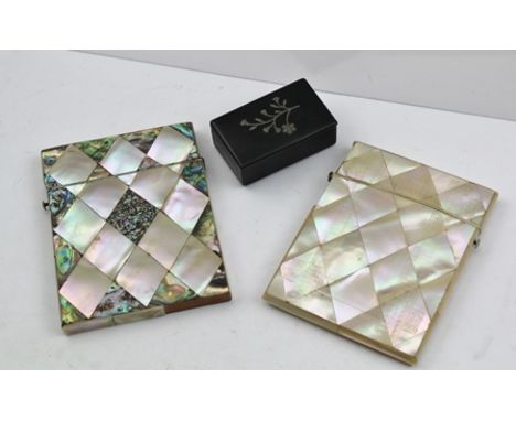 TWO VICTORIAN MOTHER-OF-PEARL VISITING CARD CASES, and a papier mache SNUFF BOX 