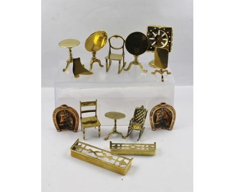 A COLLECTION OF EARLY 20TH CENTURY MINIATURE BRASS FURNITURE, including five tilt-top tripod tables, three chairs, three triv