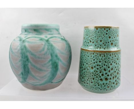 A ROYAL LANCASTRIAN POTTERY VASE, green decoration on a grey ground, impressed factory marks to base including the number 318