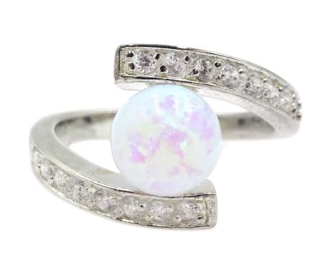 Silver opal and cubic zirconia ring, stamped 925 - Condition Report Size K