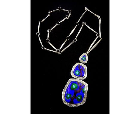 Scottish silver and enamel stylized tree formed from three graduated asymmetrical pendants, makers mark R T,  Edinburgh 1970,
