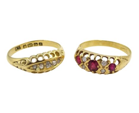  Edwardian 18ct gold five stone diamond ring, Birmingham 1903 and a gold seven stone ruby and diamond ring, stamped 18ct   - 