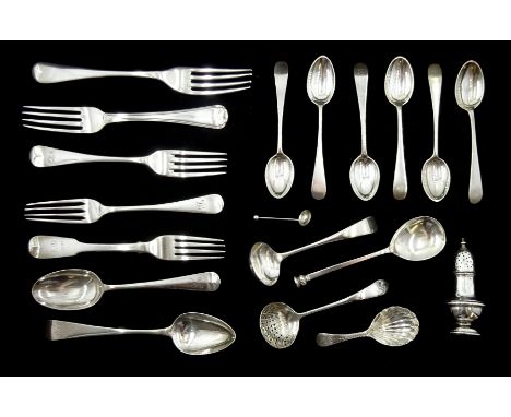 George III silver caddy spoon by Richard Crossley, London 1788 and a collection of George III and later flatware, all hallmar