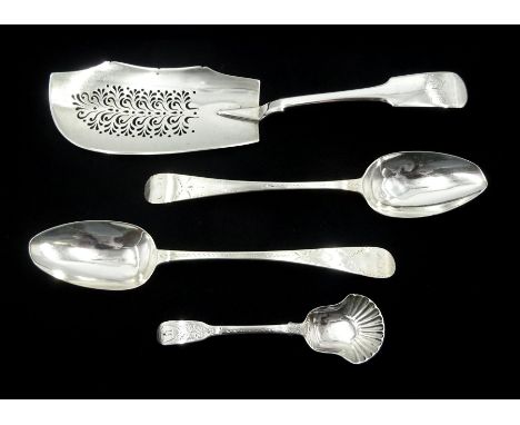 George IV silver fish server, Fiddle pattern by George Turner, Exeter 1825, silver caddy spoon by Sarah &amp; John William Bl