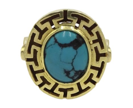 14ct gold oval turquoise key design ring, stamped 585 - Condition Report Approx 5.6gm, size I-J, head size = 20mm x 18mm