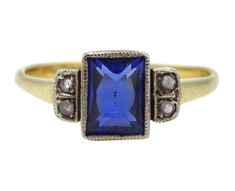 Gold Art Deco synthetic sapphire ring, set with two chip diamonds either side, stamped 18ct &amp; Plat - Condition Report App