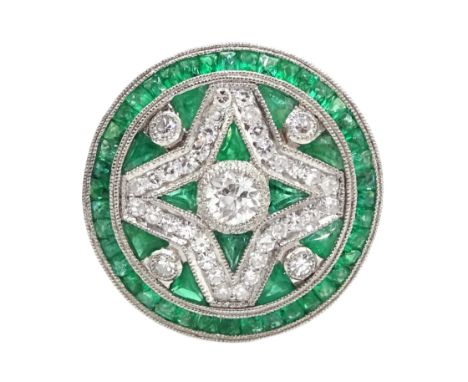 Platinum circular diamond and emerald, fancy design dress ring - Condition Report Tested as platinum, approx 9.2gm, size N-O,