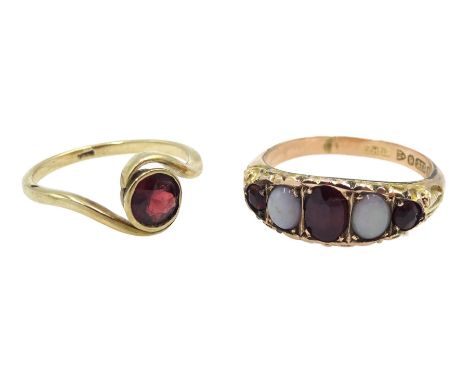 Edwardian 9ct gold five stone opal and garnet ring, Chester 1902 and a 9ct gold single stone garnet ring - Condition Report A