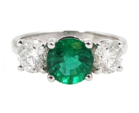 18ct white gold three stone round emerald and round brilliant cut diamond ring, stamped 750, emerald approx 1.40 carat, total