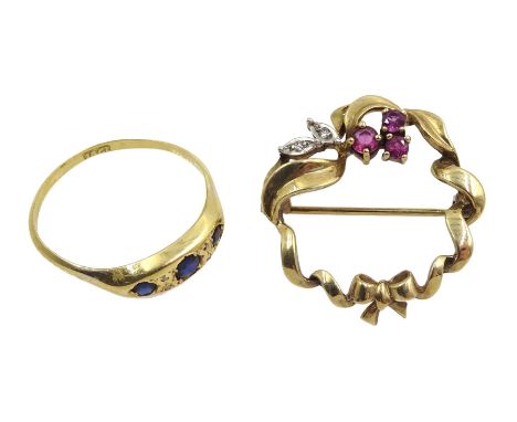 9ct gold ruby and diamond circular bow brooch, hallmarked and a gold sapphire and diamond ring stamped 18ct - Condition Repor