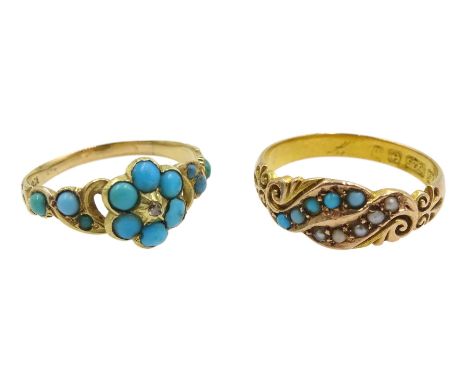 Victorian turquoise and diamond ring stamped 18ct and an Edwardian 15ct gold turquoise and spilt seed pearl ring, Birmingham 