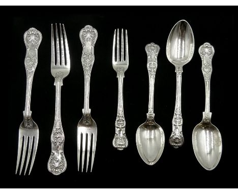 Three Victorian silver forks, Queens Pattern by The Portland Co, London 1862, similar silver smaller fork and three silver sp