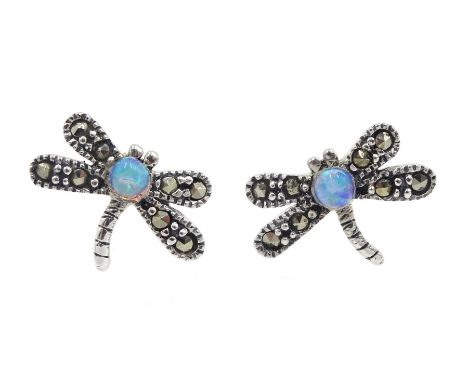 Pair of silver marcasite and opal dragonfly stud earrings, stamped 925 - Condition Report 