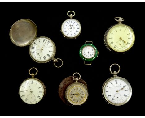 Five early 20th century Swiss and English pocket watches, one other metal pocket watch and a Swiss enamel wristwatch (7) - Co