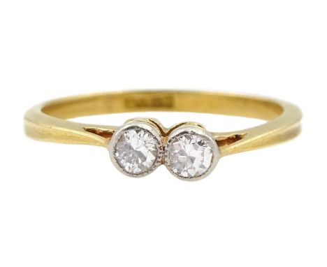 Early 20th century gold two stone milgrain set old cut diamond ring, stamped 18ct - Condition Report Approx 1.6gm, size I-J, 