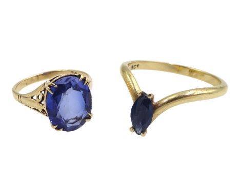  Gold marquise shaped sapphire wishbone ring and a gold synthetic oval sapphire ring, both stamped 9ct  - Condition Report Ap