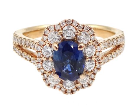 18ct rose gold oval sapphire and diamond cluster ring, with diamond set shoulders, hallmarked, sapphire approx 1.10 carat - C