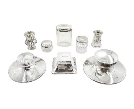 Silver inkwell by Deakin &amp; Francis Ltd, Birmingham 1922, two other circular inkwells, silver pepper grinder, silver pounc