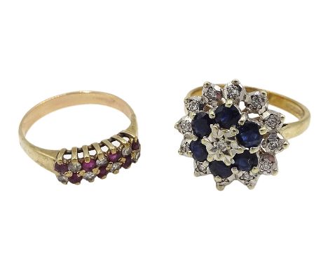 Gold two row diamond and ruby ring and a gold sapphire and diamond cluster ring, both 9ct tested or hallmarked - Condition Re