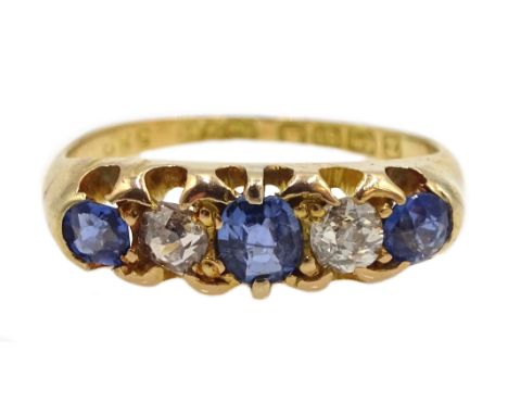 Victorian 18ct gold five stone sapphire and diamond ring, Birmingham 1899 - Condition Report Approx 3gm, size I, overall head