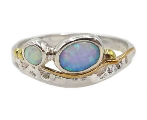 Silver two stone opal ring, stamped 925 - Condition Report Size N-O