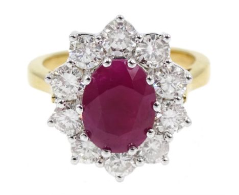 18ct gold ruby and diamond cluster ring, hallmarked, ruby approx 2.25 carat, total diamond weight approx 1.50 carat - Conditi